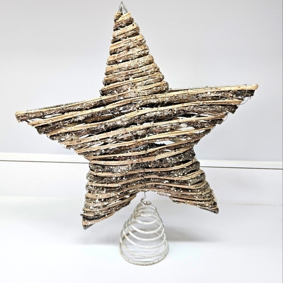 Crate & Barrel Rattan Glitter Rustic Star Christmas Tree Topper - Picture 1 of 5